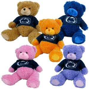 plush candy cub brown, navy, orange, pink, and purple bears with Penn State t-shirts